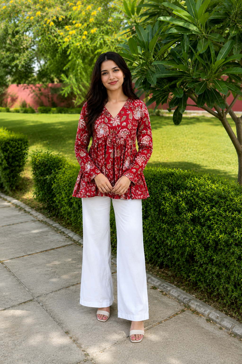 Women’s Red Floral Printed Full Sleeve Cotton Kurti with Flared Design